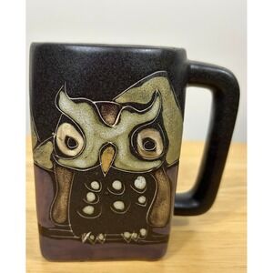 Mara Art Pottery Mexico Stoneware Owl Mug Square Heavy Chunky Earth Tones READ